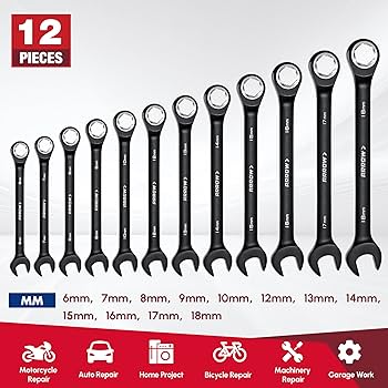 Kuroshige01★ ARROW 12PCS Metric Ratcheting Wrench Set, Anti-Slip 6-18mm